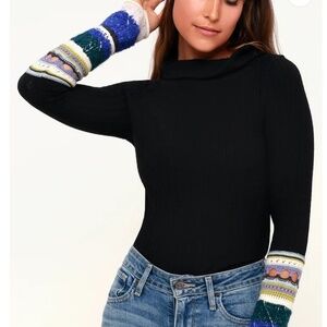 Free People Mixed Up Cuff Black Thermal Long Sleeve Top - Size S